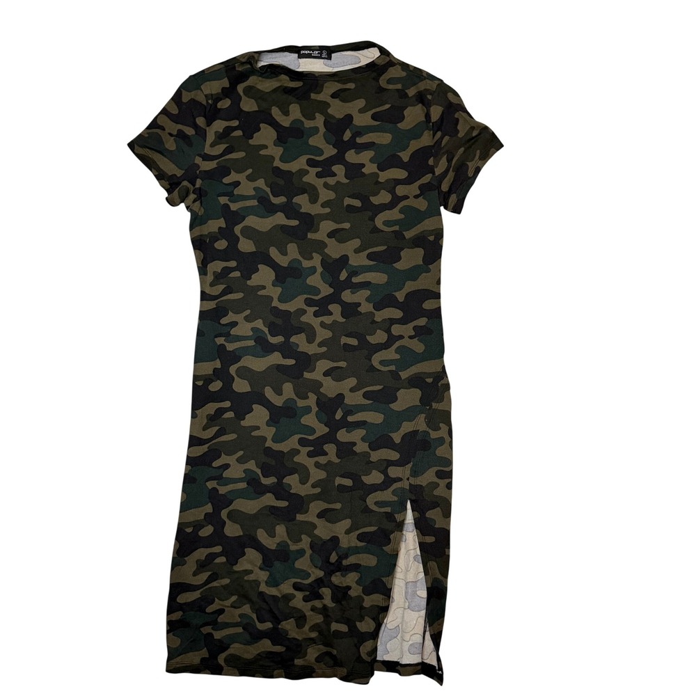 Popular‎ Basics Camouflage Print T Shirt Dress Short Sleeve Side Slit Size L